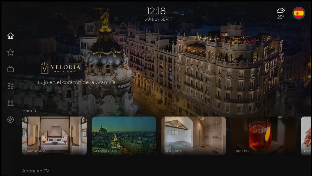Interfaz de Eniria Hospitality en el televisor de una habitación de hotel